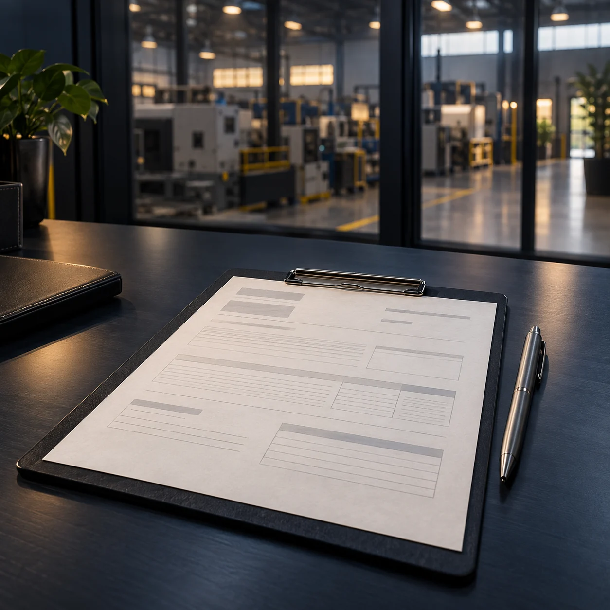 Ilustração de documento sem dados legíveis em prancheta, com operação industrial ao fundo.