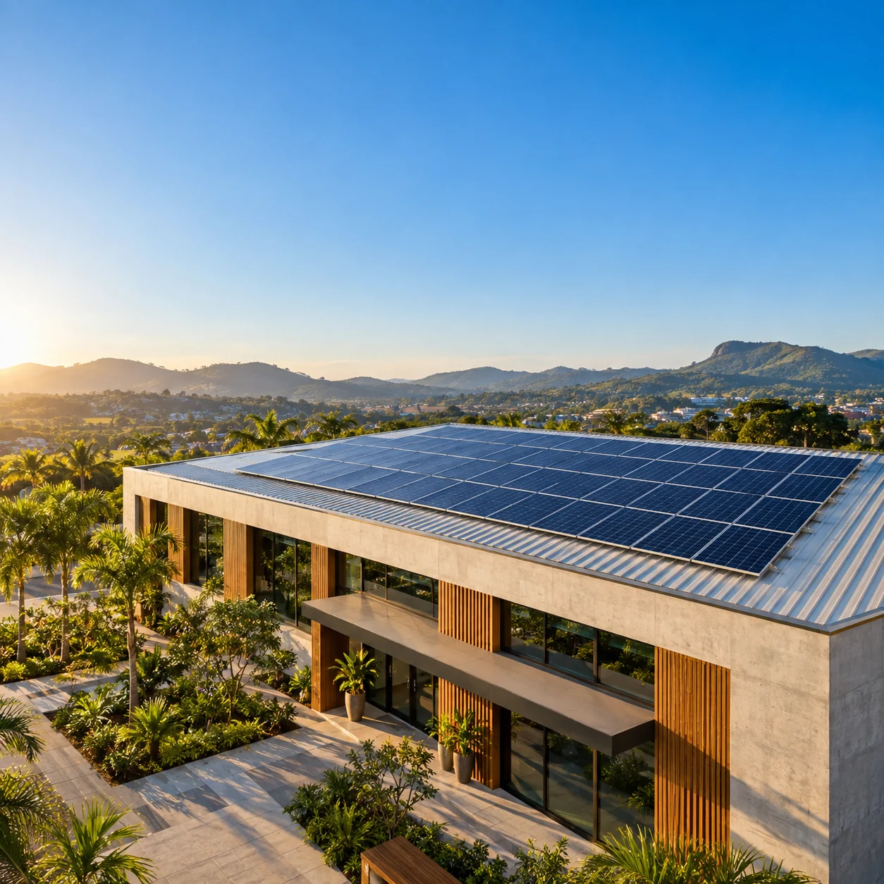 Ilustração de painéis solares na cobertura de um edifício comercial.