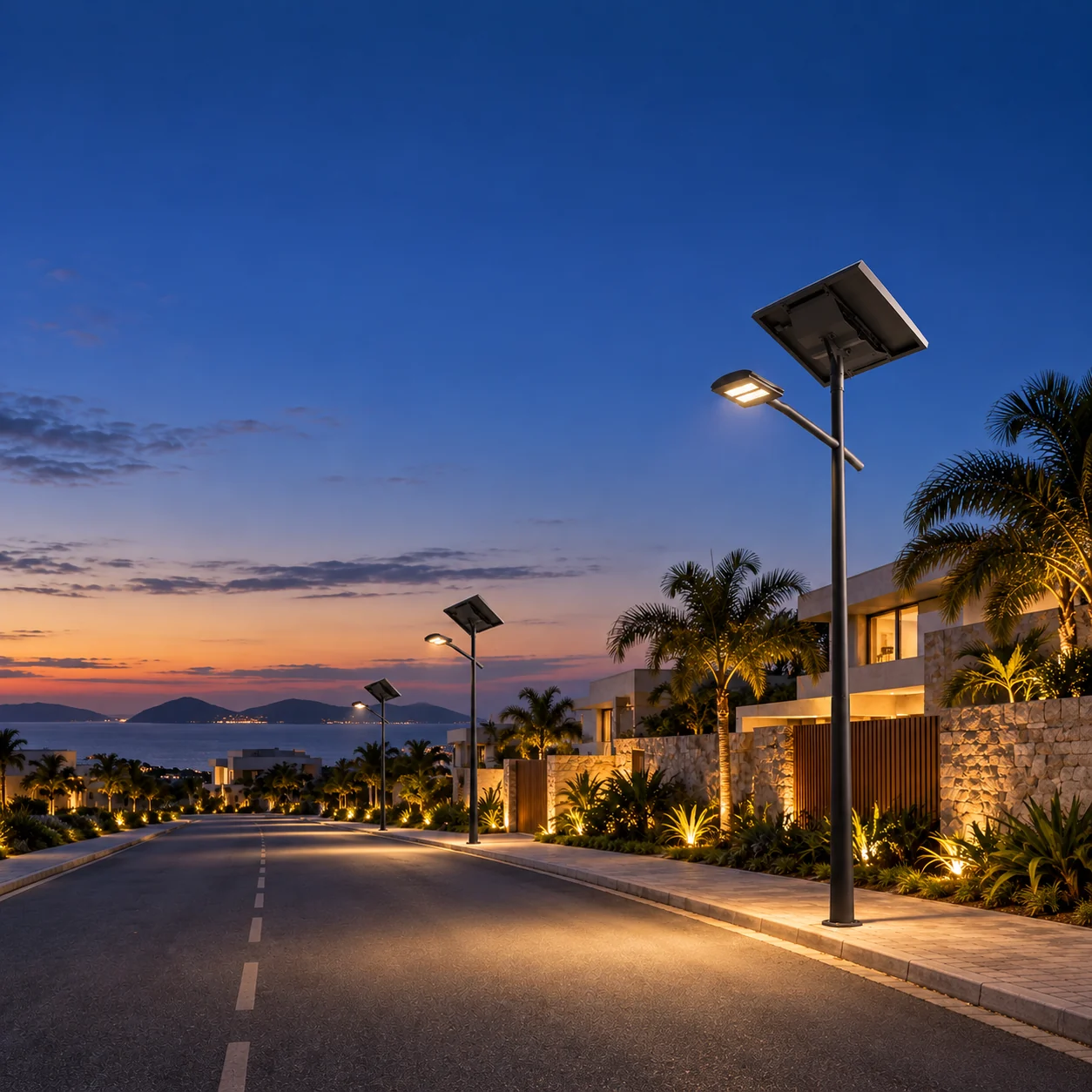 Ilustração de via iluminada por postes com luminárias e painéis solares.