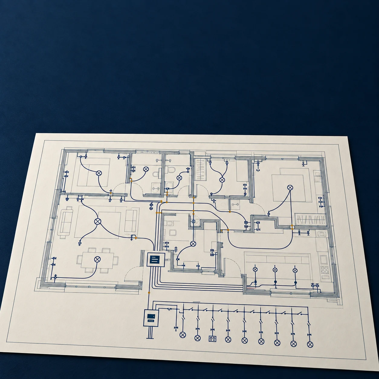 Ilustração de prancha de projeto elétrico com circuitos e pontos de instalação.